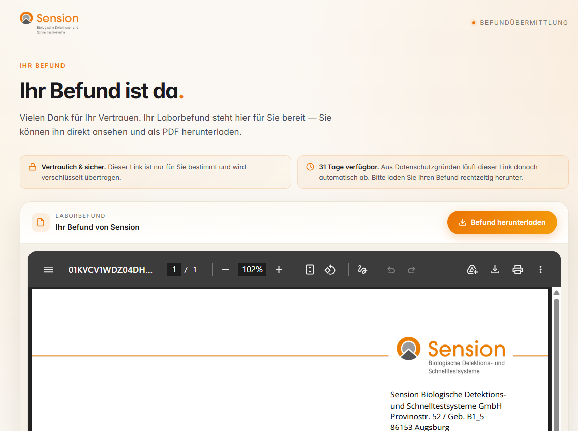 Sicherer Befund-Download im Sension-Design mit PDF-Vorschau – erstellt mit Pantarey